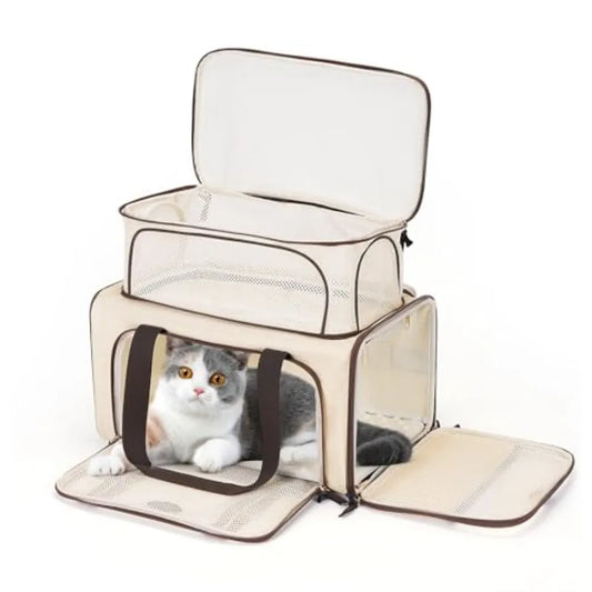 Expandable Pet Carrier for Cats Dogs Airline Approved Large Travel Bag with Extra Large Foldable Mat in Grey and Black Durable