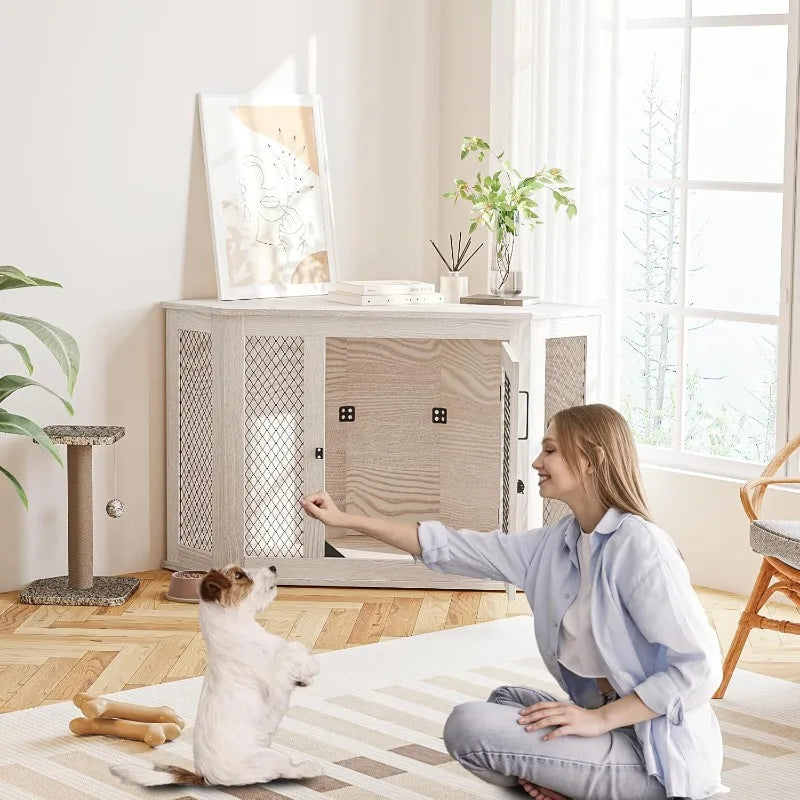 Corner Dog Crate Furniture, 52 inch Decorative Pet Crate with Metal Mesh, Wooden Dog Kennel Indoor Use for Small, Medium