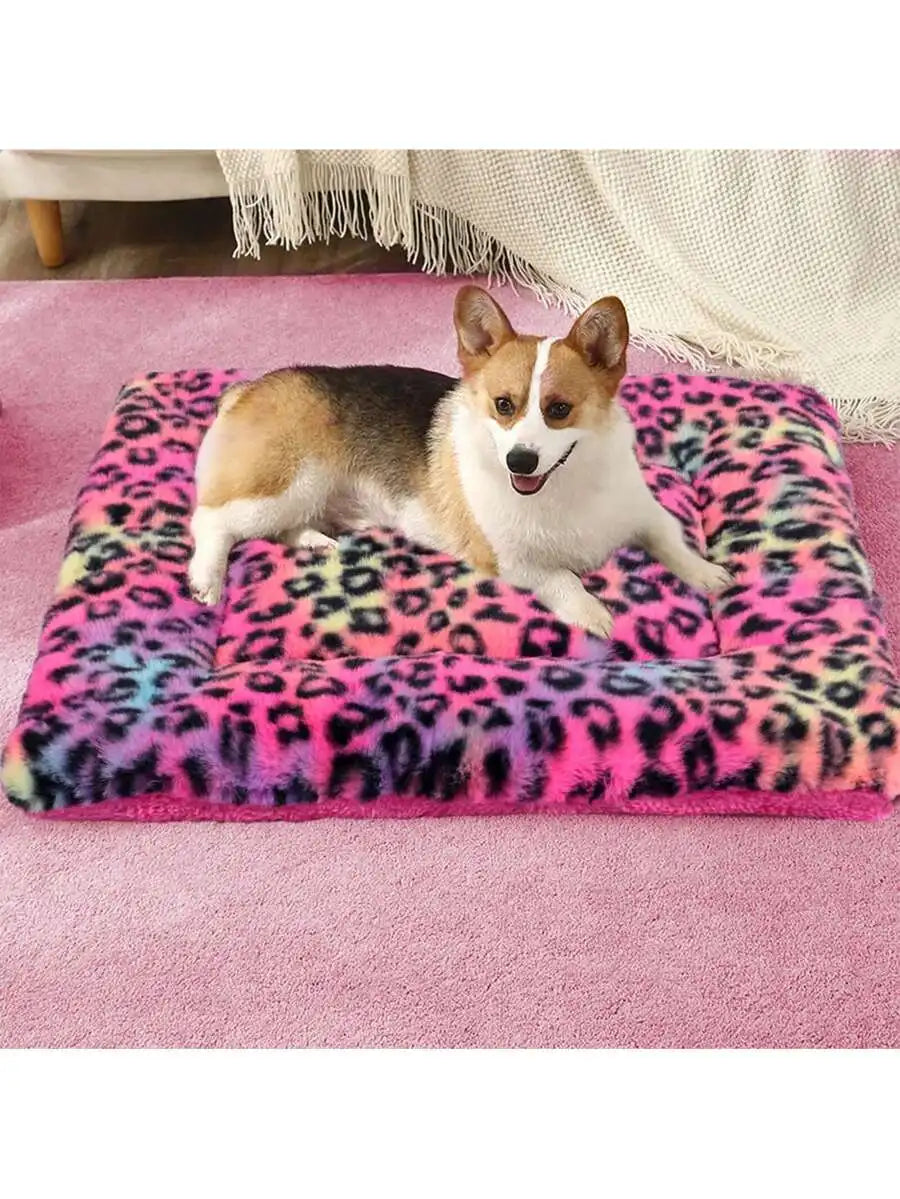 1pc Leopard Print Plush Pet Mat, Reversible Plush Pet Mat Ultra Soft Dog Cat Crate Mat Sleeping Cushion Pad Machine Washable