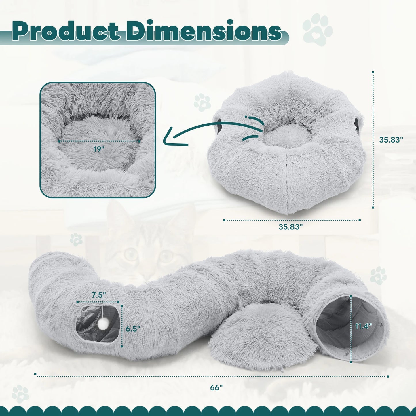 Cat Tunnel Bed for Indoor with Soft Plush Washable Multi-functional Playground Under Tree Pet Toys for Kittens Puppy