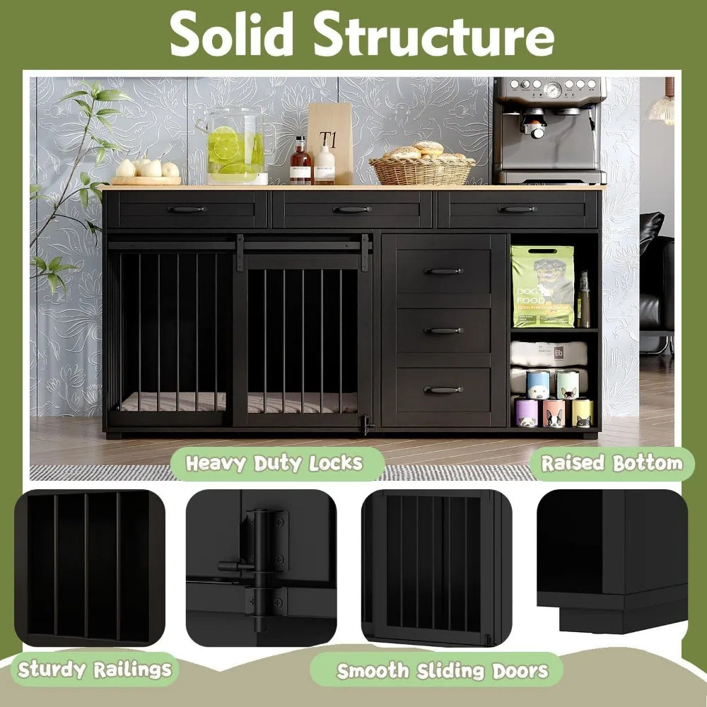 Dog Crate Furniture With Storage, 72.4" Wooden Heavy Duty Dog Kennel Table Furniture With Drawers & Shelves, Indoor Dog House TV