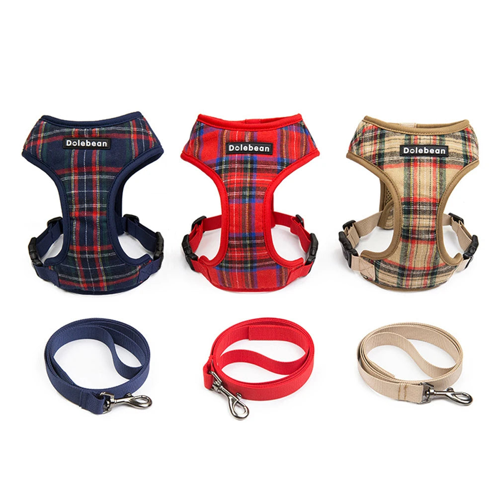 Plaid Pet Harness Leash Set for Small Dogs Adjustable Puppy Cat Harness Vest French Bulldog Chihuahua Pug Outdoor Collar