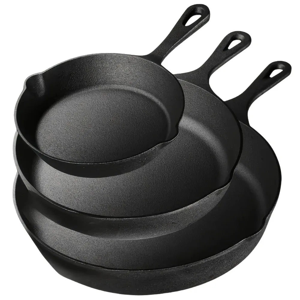 3 PCS Cast Iron Skillet Set (6/8/10 Inch)  Pre-Seasoned, Heavy-Duty Pans for Oven, Grill & Campfire, Even Heat, Non-Stick Surface