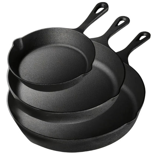 3 PCS Cast Iron Skillet Set (6/8/10 Inch)  Pre-Seasoned, Heavy-Duty Pans for Oven, Grill & Campfire, Even Heat, Non-Stick Surface