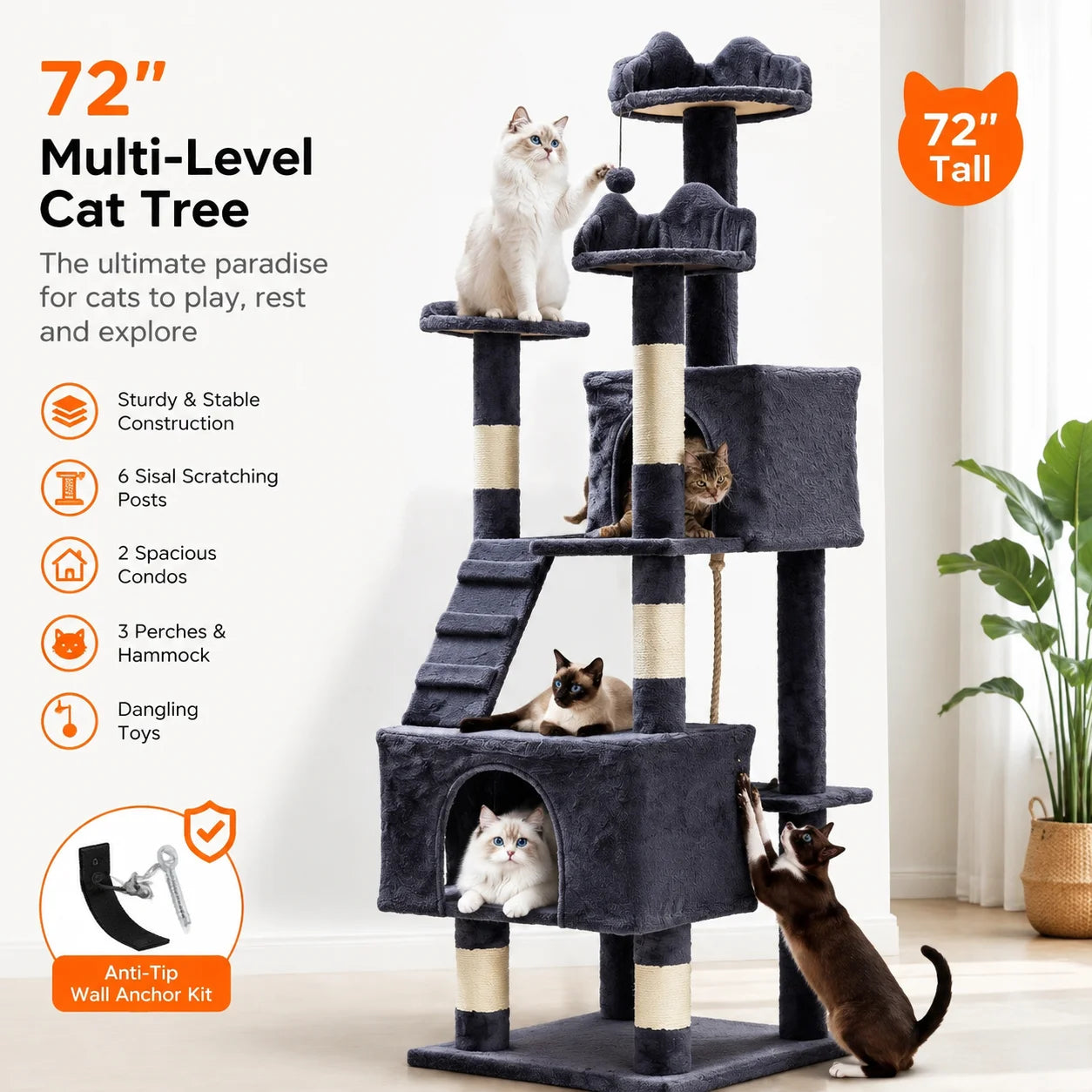 72" Cat Tree for Large Cats, Multi-Level Cat Tower with 6 Sisal Scratching Posts, 2 Condos, 3 Perches, Hammock & Dangling Toys, Sturdy Particle Board with Anti-Tip Kit, Dark Grey