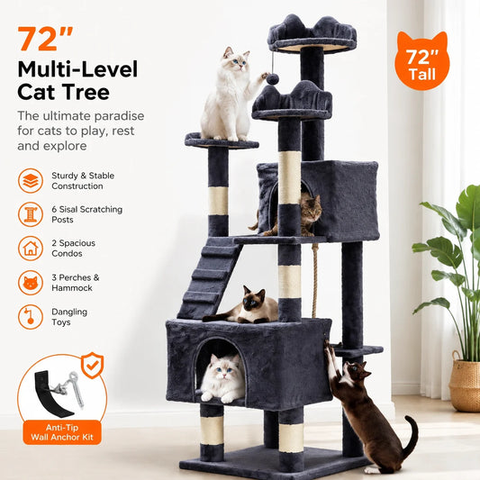 72" Cat Tree for Large Cats, Multi-Level Cat Tower with 6 Sisal Scratching Posts, 2 Condos, 3 Perches, Hammock & Dangling Toys, Sturdy Particle Board with Anti-Tip Kit, Dark Grey