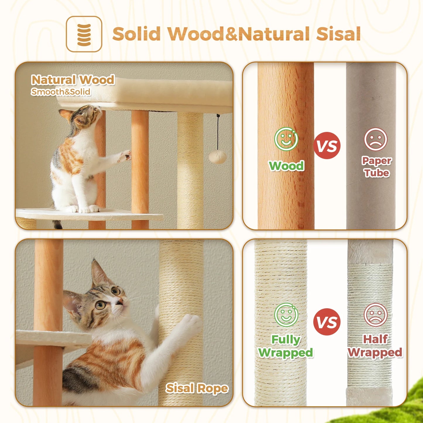 Modern Cat Tree for Indoor Cats, Multi-Level Cat Tree with Lage Cat Condo, Sisal Scratching Posts, Natural Wood Posts, Soft Bed