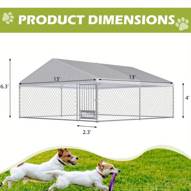 13'x 13' Large Outdoor Dog Kennel – Heavy Duty Metal Kennel with Waterproof Cover, Rotating Feeder & Lockable Door