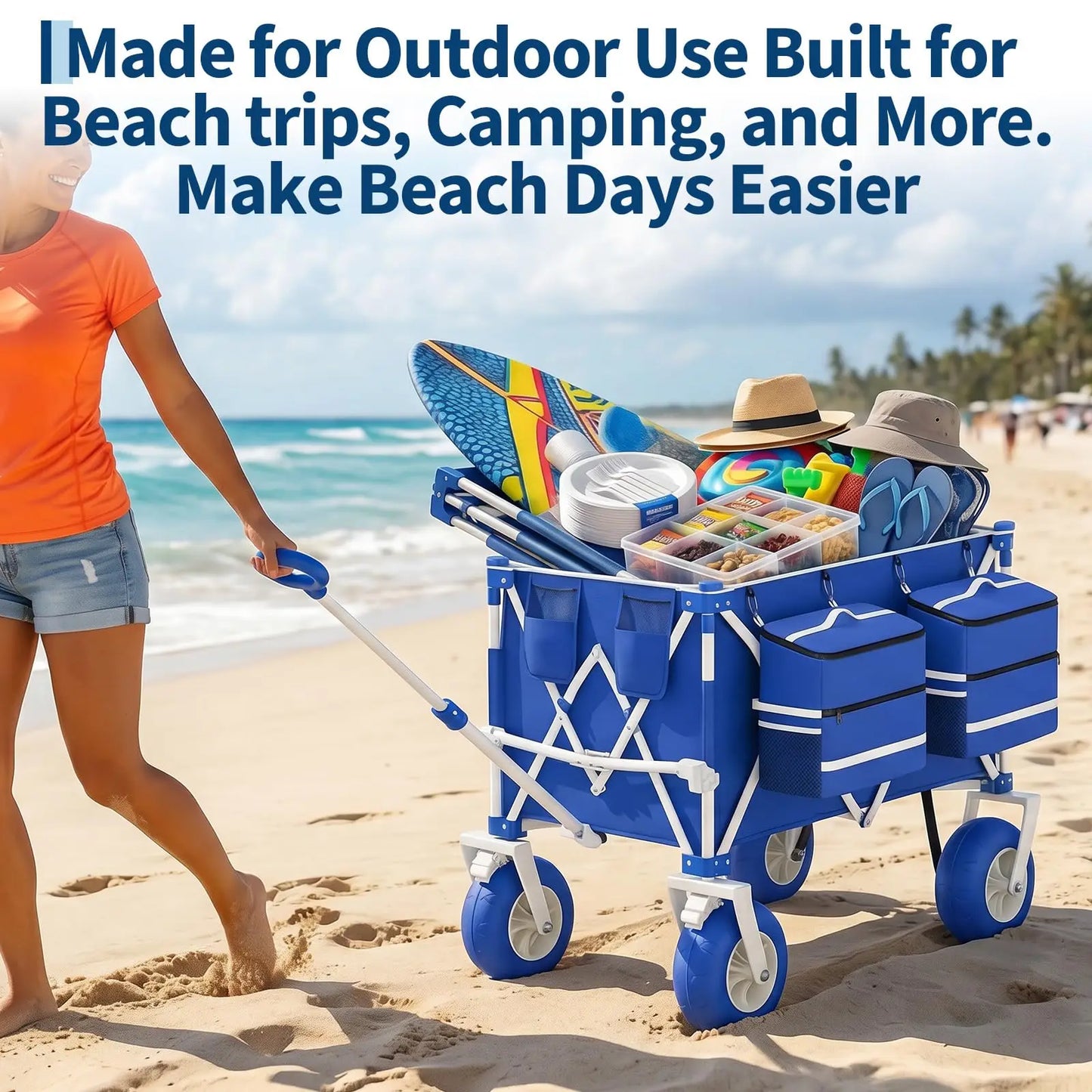 Heavy-Duty Beach Wagon Cart 460 LBS Folding Utility Wagon With 9" All-Terrain Wheels Adjustable Handle For Sand Camping