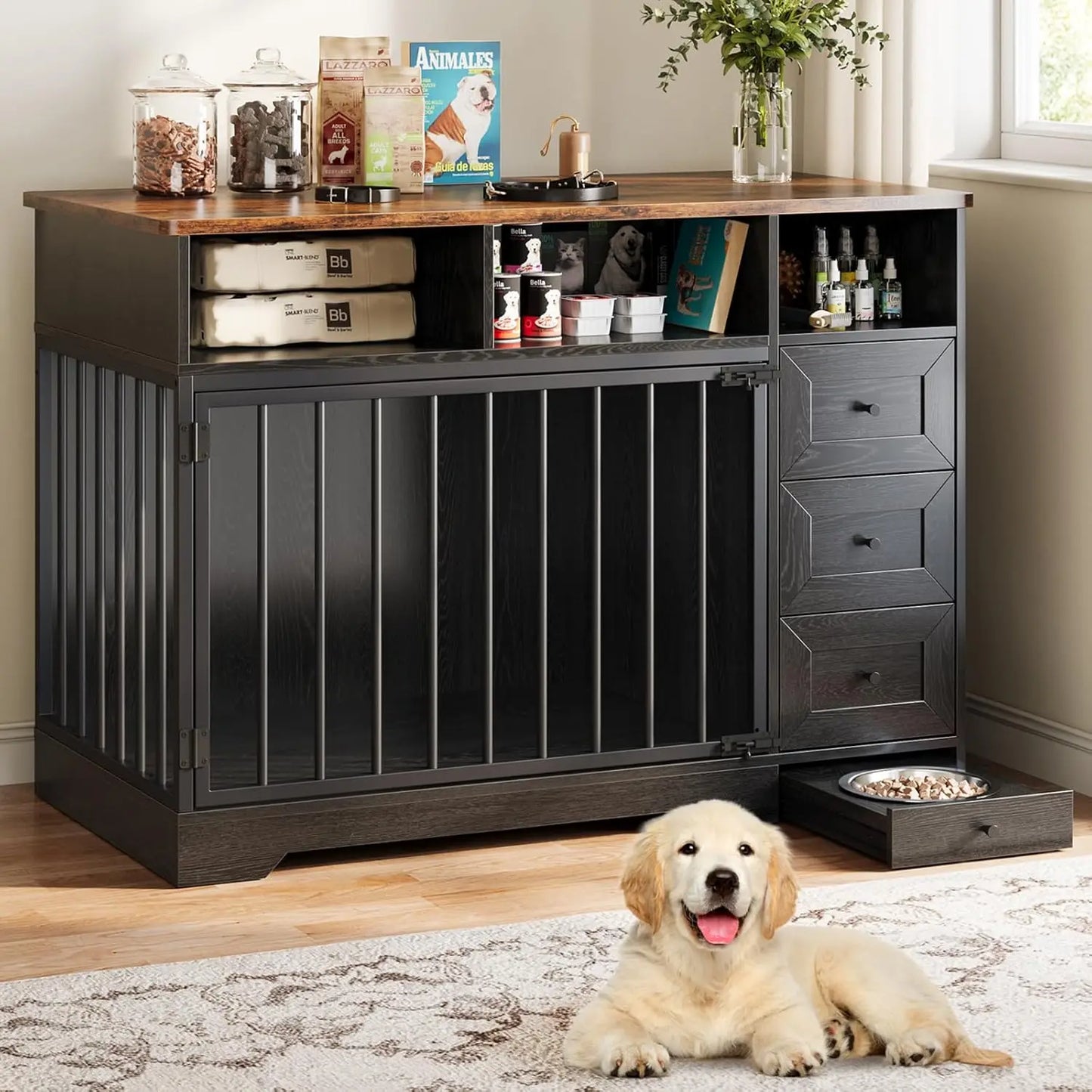 48'' Dog Crate Furniture, Heavy Duty Medium Dog Crate with Bowl & Storage Drawers, Crates for Dogs Indoor End Table Pets Supplies