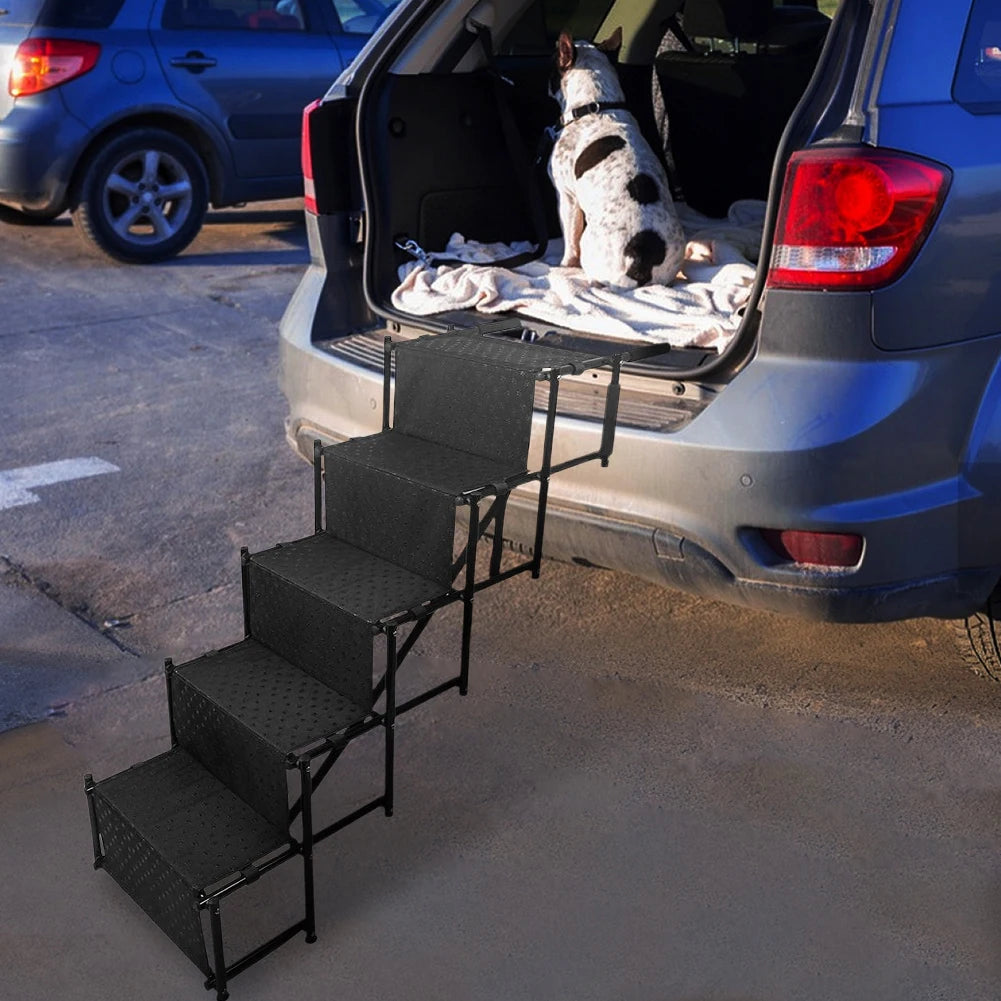 5 Steps Foldable Portable Dog Steps with Nonslip Surface Dog Car Ramp for Large Dog Support Up To 150 Lbs for Cars and SUV Truck