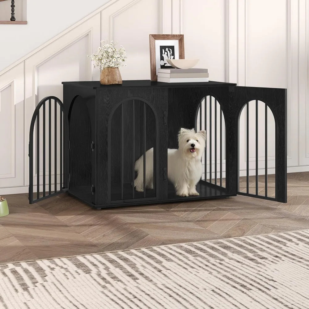 31.5" Wooden Dog Crate Furniture, Indoor Kennel for Small/Medium Dogs, Heavy Duty Pet House End Side Table TV Stand, Black