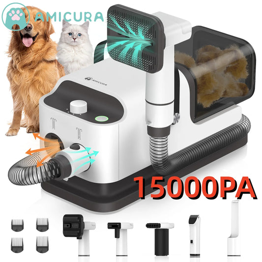 Vacuum Cleaner & Hair Dryer 15kpa, Pet Grooming Set Adjustable Speed and Temperature, 5 Proven Care Tools Dog Clipper