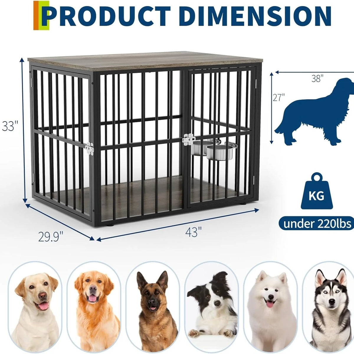 43 Inch Dog Crate Furniture Wooden Dog Kennel End Table Side Table Nightstand for Large Medium Dogs up to 90 Lbs Heavy-Duty Indoor Pet Cage with Lockable Double Doors Removable Tray Divider Panel for Living Room Bedroom Entry