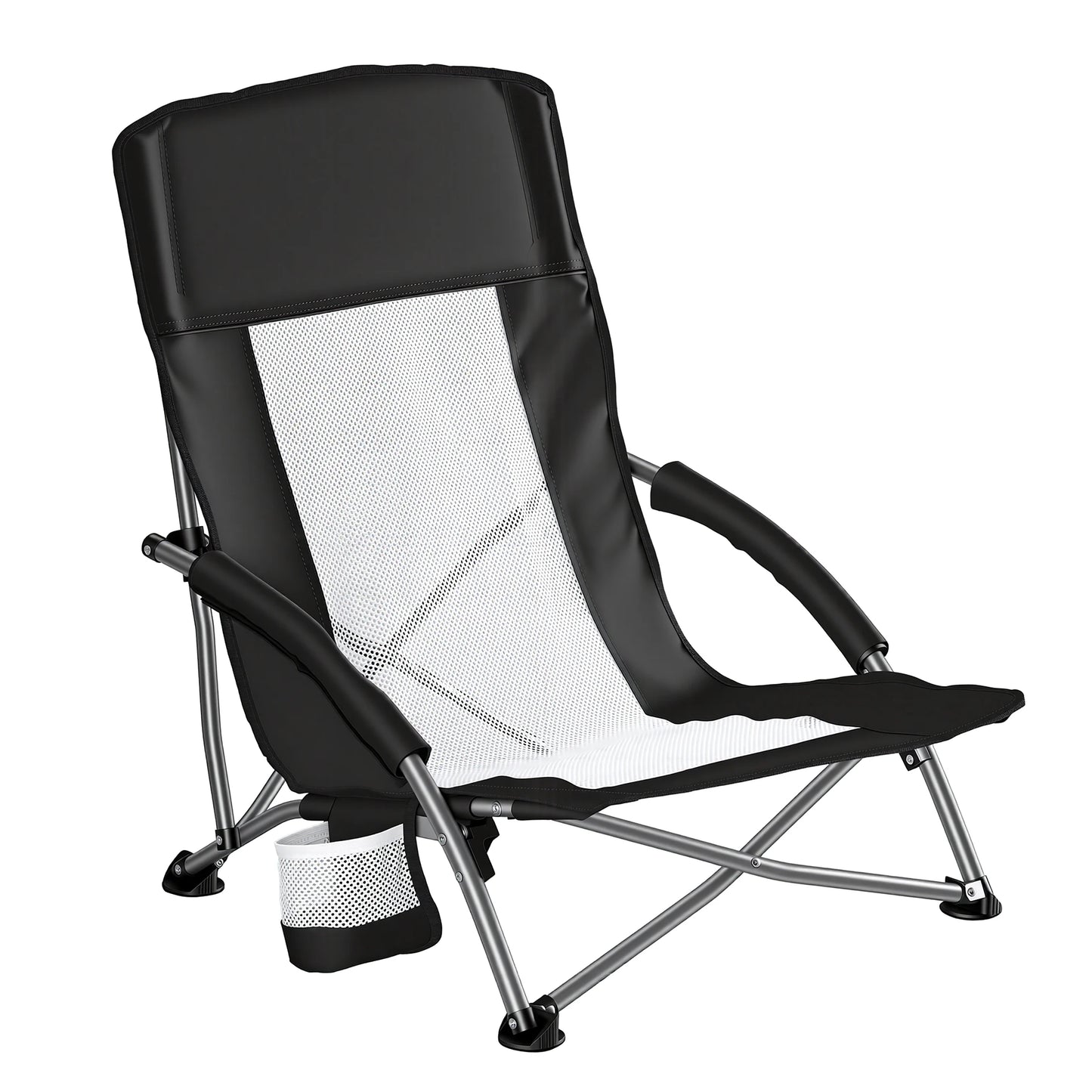 Portable Lightweight Low Camping Beach Chair Mesh Back Padded Armrests Folding Beach Chair with Cup Holder Storage Pocket for Camp Picnic Lawn