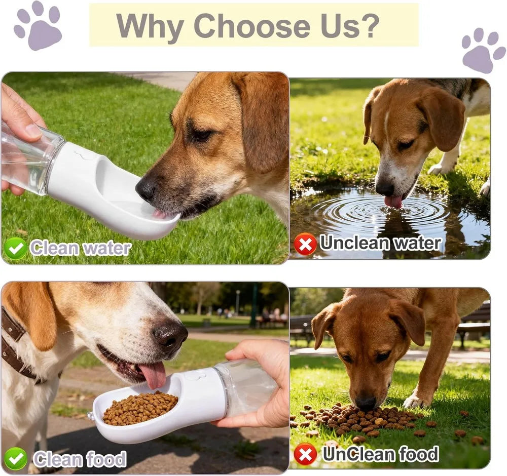 2-in-1 Portable Dog Water Bottle & Food Container, BPA Free, 12oz, Leakproof for Travel, Hiking, Walks
