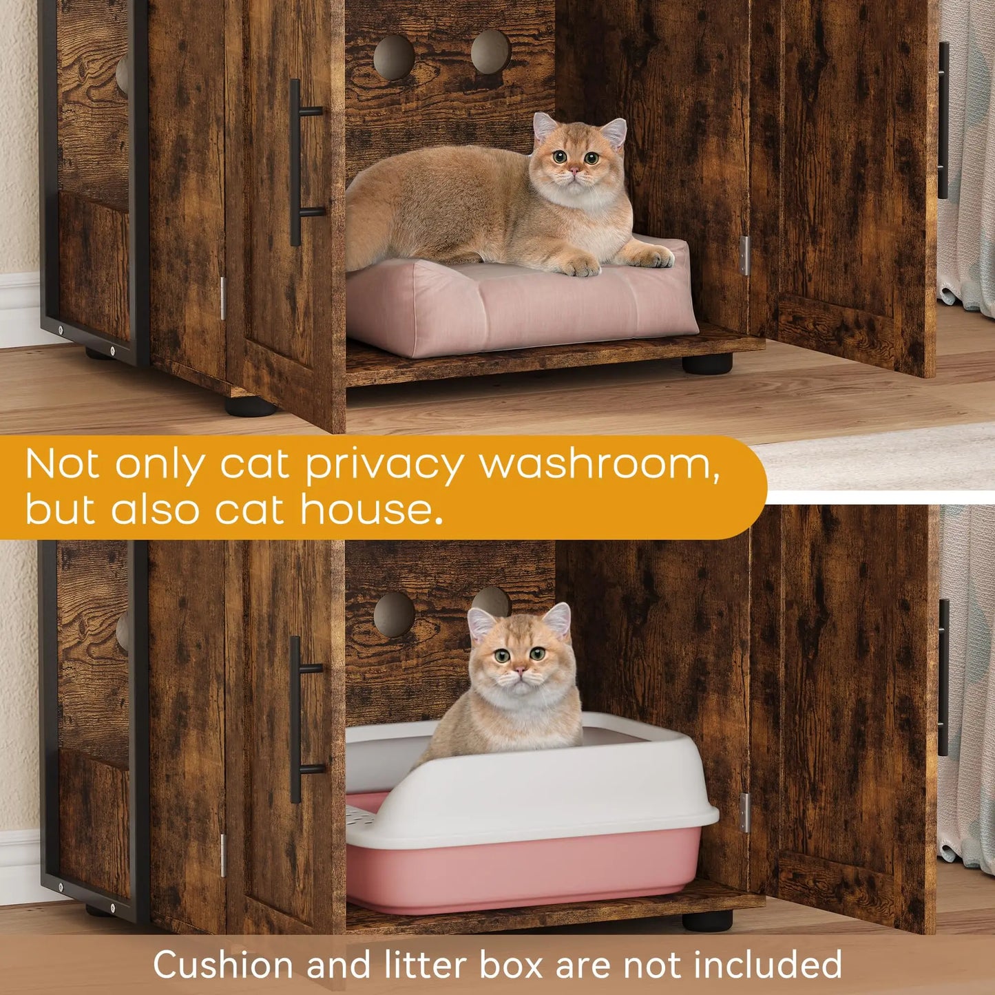 2-in-1 Hidden Cat Litter Box Enclosure Odor Control 3 Metal Shelves Storage Cabinet Multi-Purpose Cat Washroom Furniture
