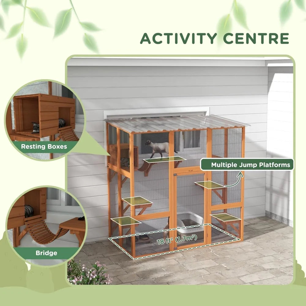 Catio Outdoor Cat Enclosure Window Box, Wooden Cat House Playground with Scratching Posts, Weather Protection Roof