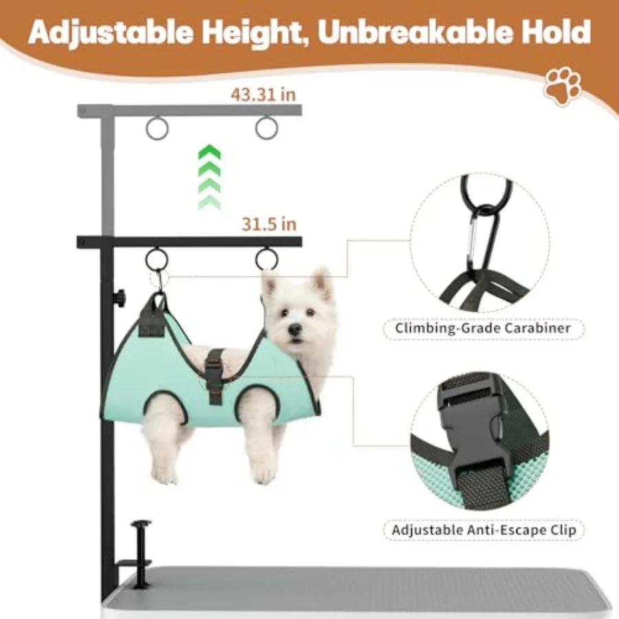 Dog Grooming Table Arm, 31.5"-43.3" Adjustable Pet Stand with Hammock and Clips 3-in-1 Grooming Kit for Nail Trimming, Haircut