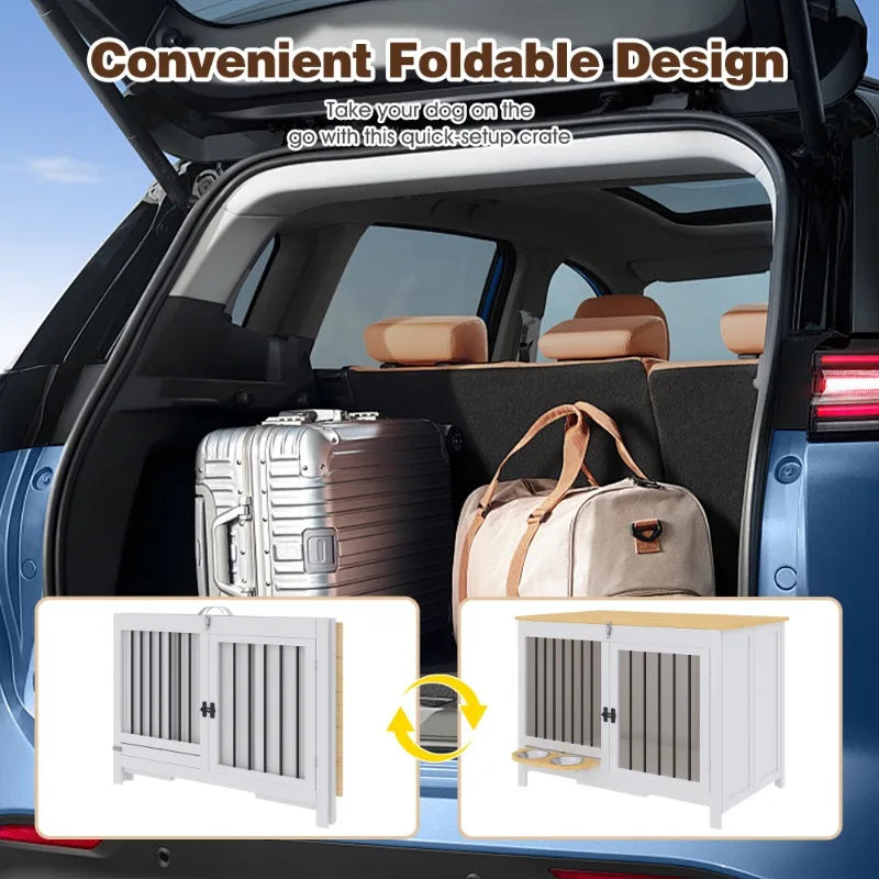 39'' Foldable Wooden Dog Crate Furniture – Indoor Dog Kennel for Large Dogs with 360° Rotating Feeder, White