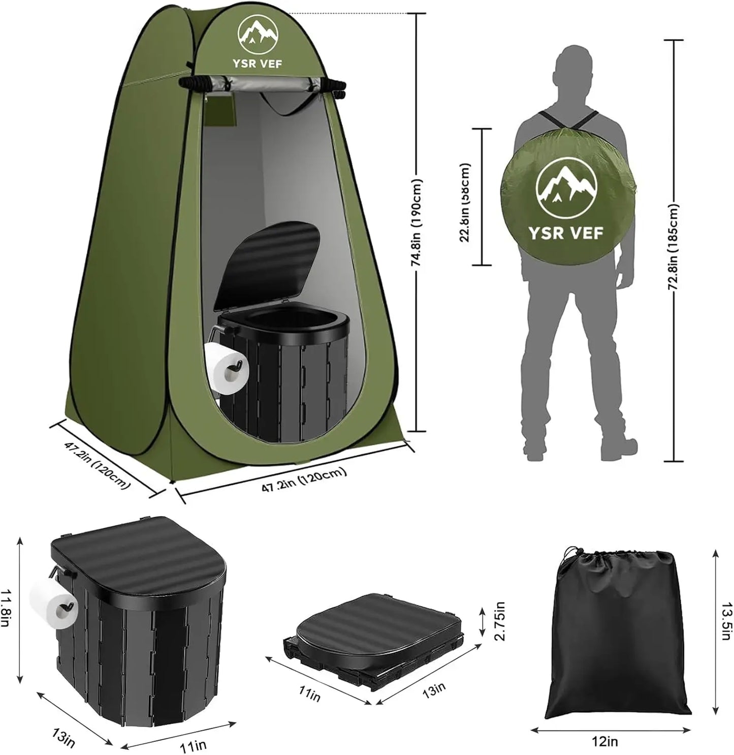 Portable Toilet Kit with Pop-Up Privacy Tent, Camping Toilet and Shower Tent, Washable Outdoor Changing Room