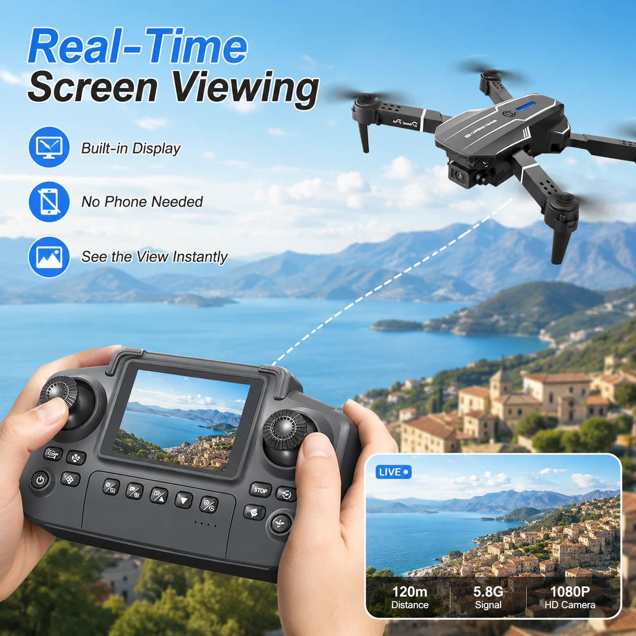 2.4Ghz RC Drone with HD Dual Camera Altitude Hold Path Planning Flight 3-Speed Adjustable Foldable Drone Toy