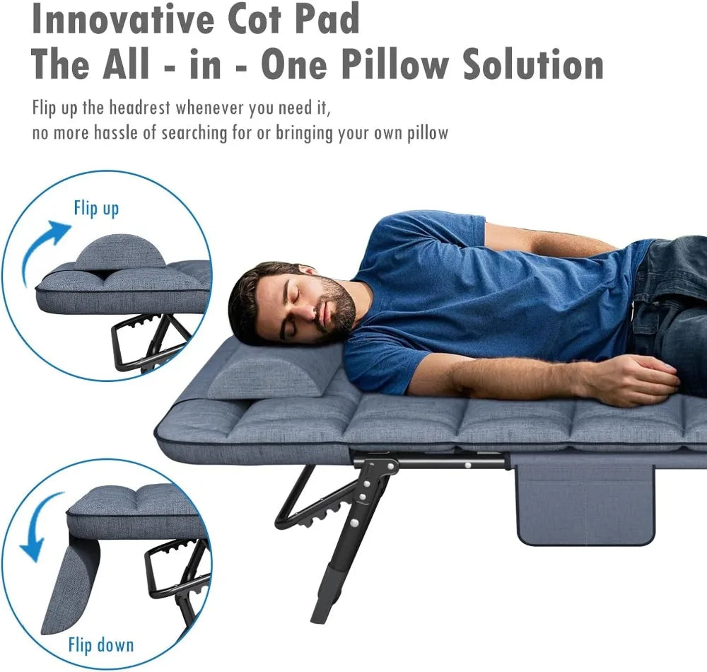 Folding Camping Cot with Padded Mattress & Pillow, 4-Position Reclining, 500lbs Capacity, Blue