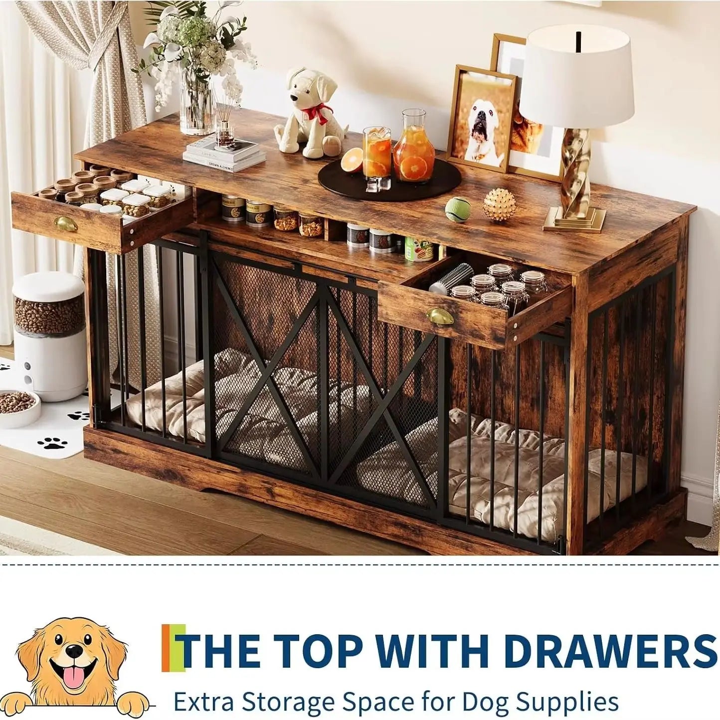 63 Inch Large Double Dog Crate Furniture with Divider Sliding Doors Storage Drawers Open Shelves Heavy Duty Wooden Indoor Dog Kennel Cabinet for Multiple Dogs Living Room Bedroom Entryway