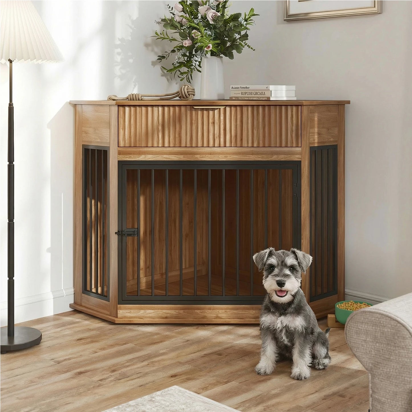 44.6'' Corner Dog Crate Furniture with Fluted Storage Drawer, Wooden Dog Kennel End Table for TV Stand, Decorative Pet Crate