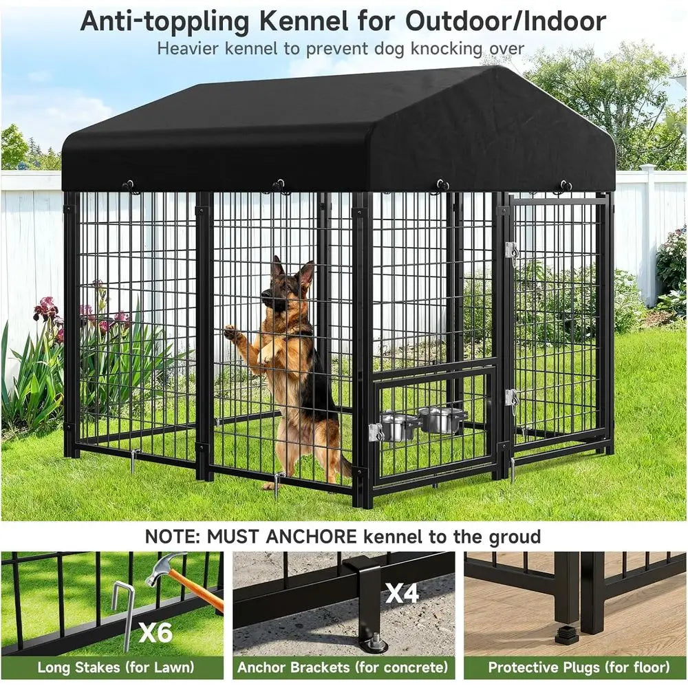 Dog Kennel Outdoor, Outside Dog Kennel with Roof & Swivel Feeders/Removable Doggy Door Allows Connecting Your Dog House, Heavy Duty Door