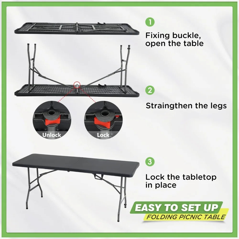 6 FT Folding Camping Table Heavy Duty Plastic Portable Square Dining Table for Picnics Parties Outdoor Black
