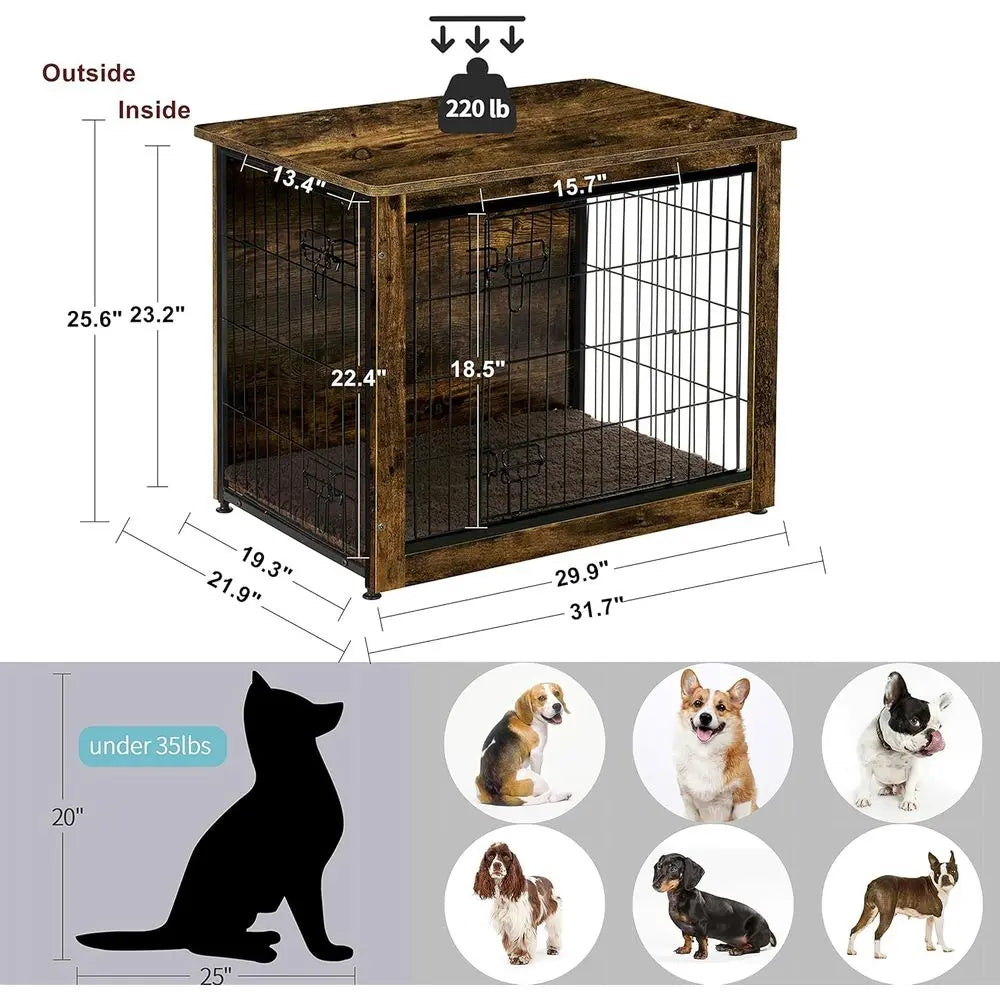 Medium Rustic Brown Wooden Dog Crate with Cushion and Double Doors