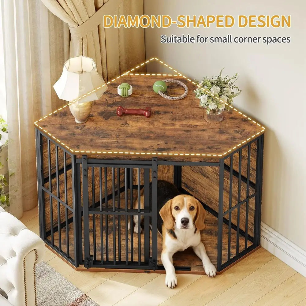 Corner Dog Crate Furniture with Barn Door, Heavy Duty Dog Kennel Indoor, Wooden Decorative Pet Cage for Small, Medium Dogs, Space Saver