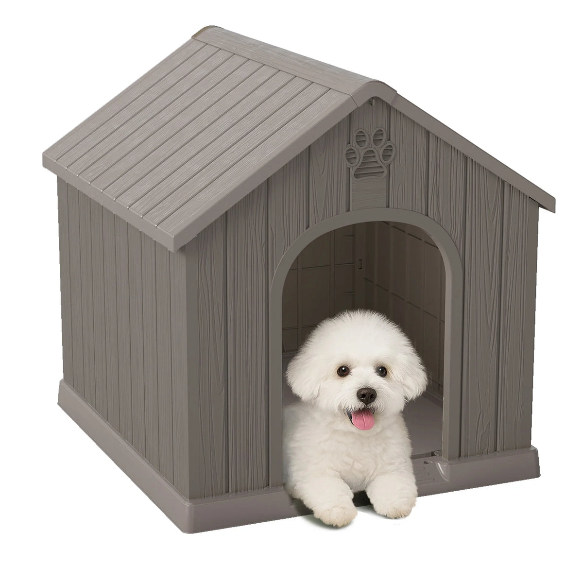 Outdoor Weather‑Resistant Plastic Dog House, Waterproof Ventilated Dog Kennel with Decorative Door Pattern for Backyard Garden Patio