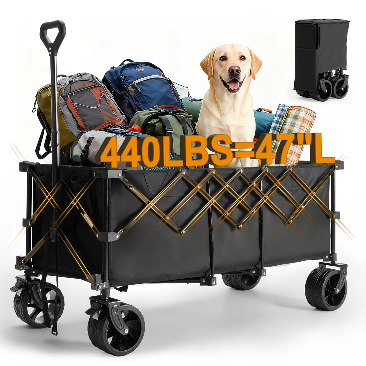 Portable Extended Collapsible Wagon Cart 440 lbs Foldable Extra Long Heavy Duty Utility Wagon with Wheels Storage Grocery Cart for Camping Shopping Sports Beach Garden