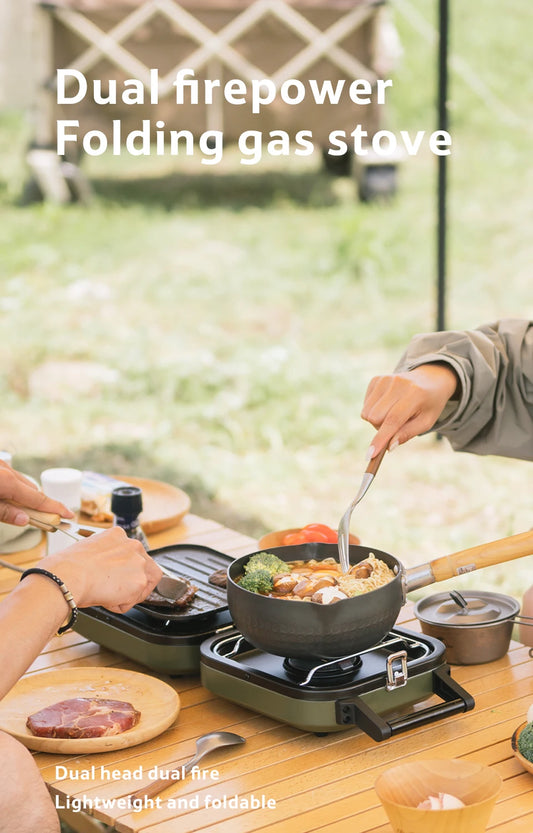 Camping Stove 2 Burner Portable High Firepower Folding Camping Gas Burner with Griddle Outdoor Picnic Cooking Set Gas Stove