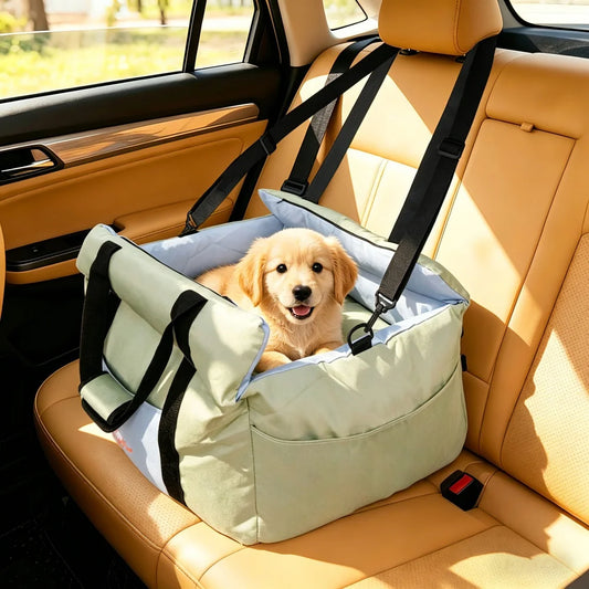 Portable Dog Car Seat Pet Dog Booster Seat Puppy Travel Carrier Bed with Safety Belt Storage Pocket Removable Washable Cover