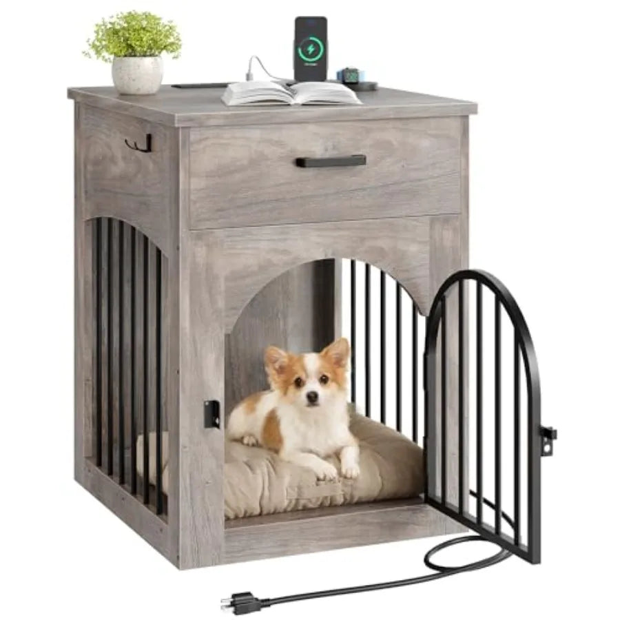 Dog Crate Furniture, Wooden Dog House with Charging Station and Storage Drawer, Indoor Pet Crate End Table for Small Breeds