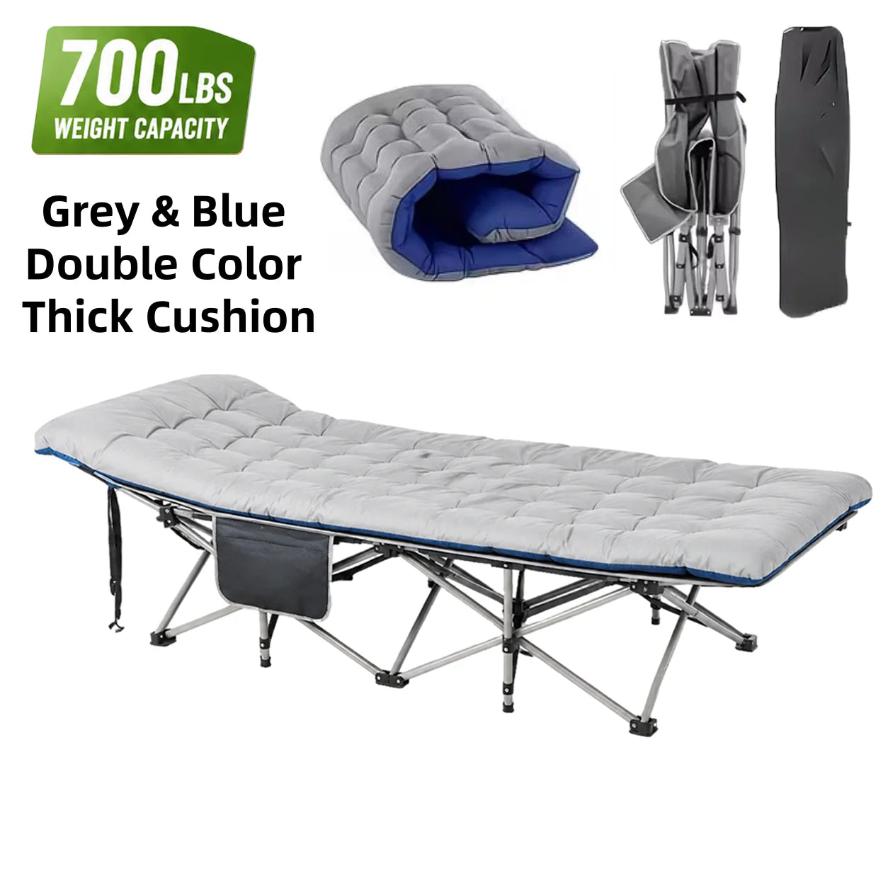 Portable Folding Camping Cot with Thick Mattress – Extra Wide Outdoor Bed with Side Pocket – No Assembly Needed, Heavy Duty Steel Frame for Tent, Hiking, Travel – Easy Carry Sleep System
