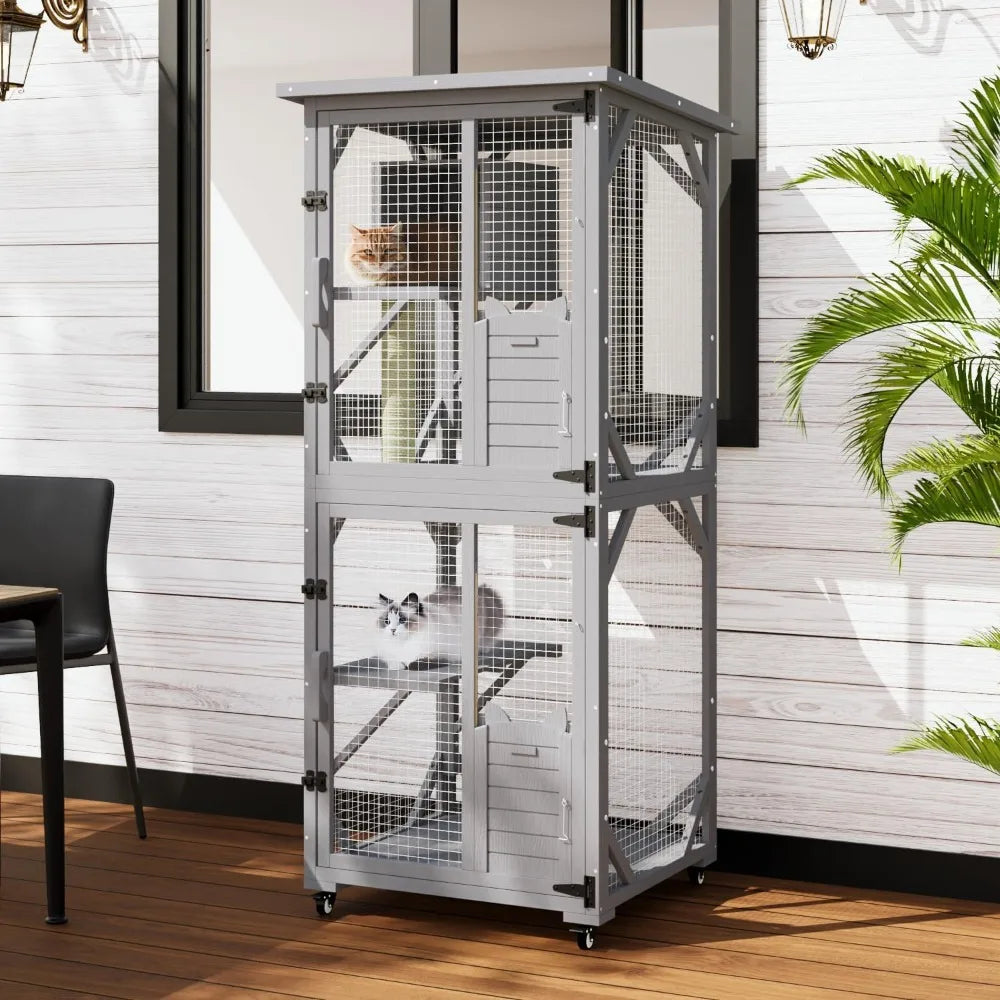 71 Cat House Outdoor Catio Cat Enclosures on Wheels, Large Outside Patio Wooden Cat Cage Resting Box, Scratching Post