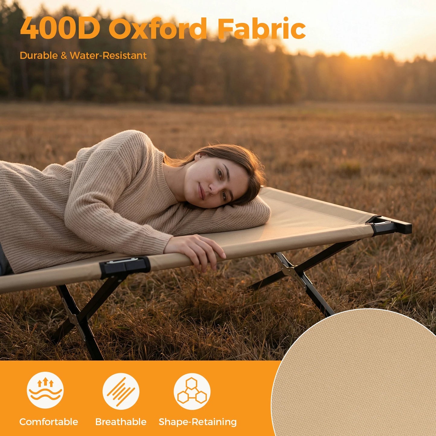 Portable Folding Camping Marching Bed 300 LBS Capacity Collapsible Camping Cot Lounge Chair 73" x 36" Sleeping Cot Sturdy Frame for Outdoor Makeshift Bed