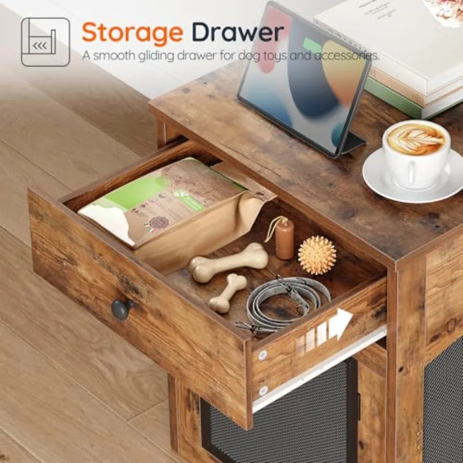 Dog Crate Furniture, Dog Kennel with Drawer and Charging Station, Indoor Decorative Puppy House, Wooden Pet Crate End Table