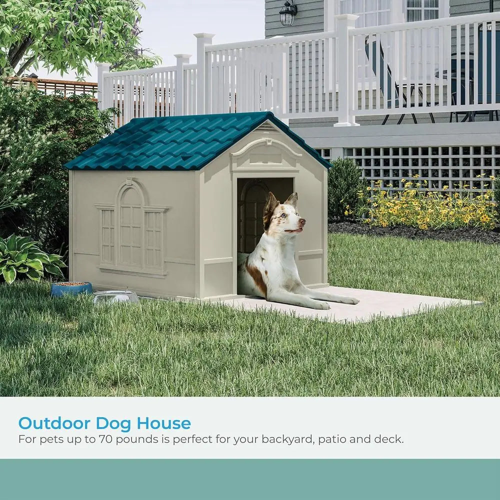 Luxury Dog House for Large Dogs with Removable Roof, Ventilation, Raised Floor, and Custom Labels, Taupe/Blue