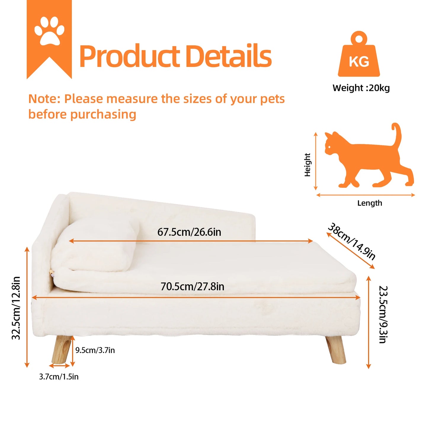 Elevated Pet Bed, Nordic Pet Stool Bed with Cozy Pad Waterproof, Pet Sofa Bed with Sturdy Wood Legs for Small Dog Kitten