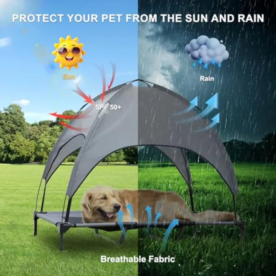 Elevated Dog Bed with Canopy 48-inch Waterproof Pet Cot Portable Outdoor Pet Bed with Carry Bag Indoor/Outdoor Cooling Canopy