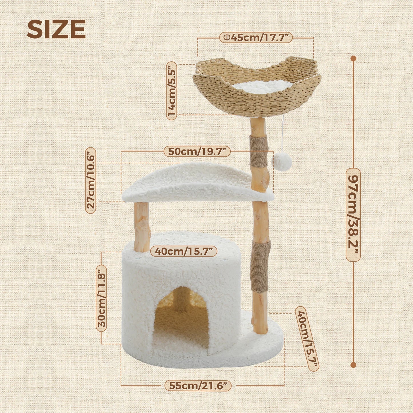 Solid Wood Cat Tree Modern Cat Tower with Spacious Cat Condo, Flower Perches, Fun Pompom, Double Comfort Perfect for Indoor Kittens