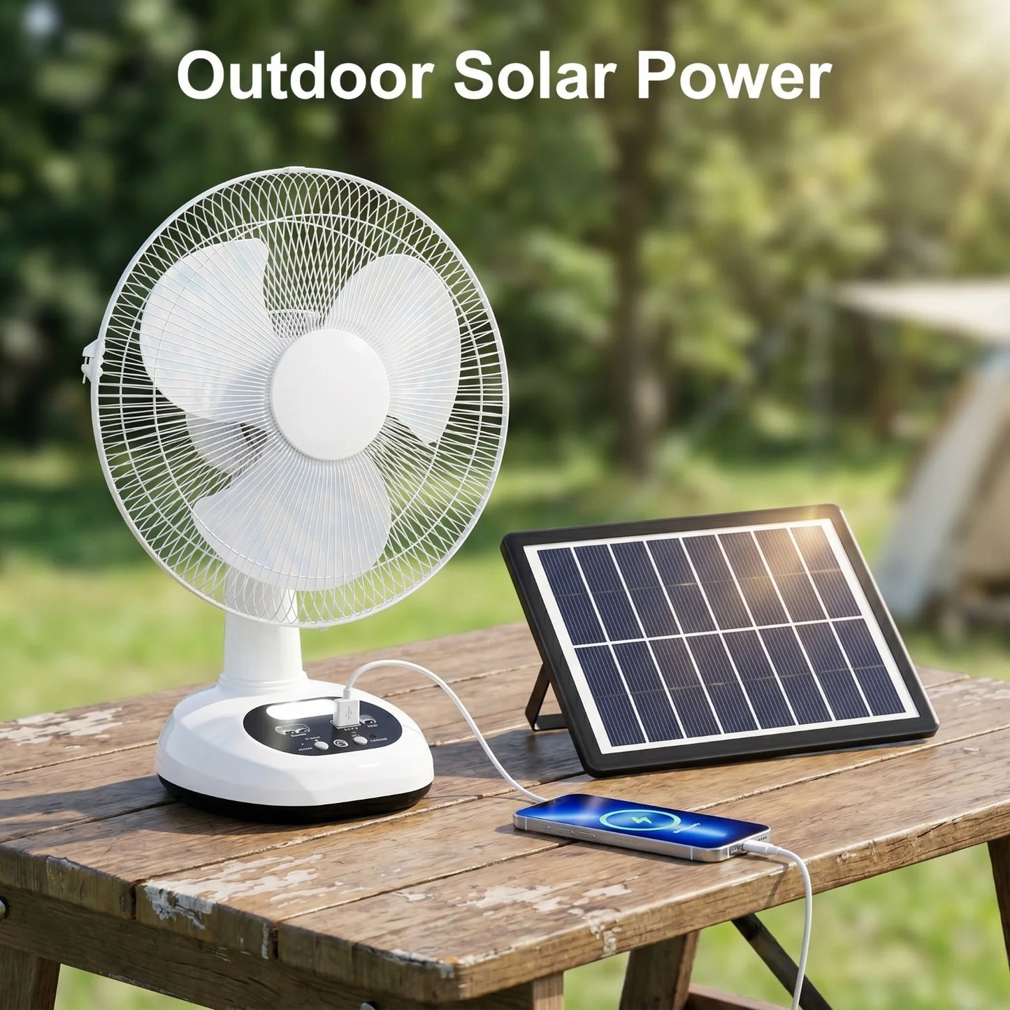 Rechargeable Fan With Solar Panel USB Charging Desk Fan, 90 Degree Oscillation 2-Speed Adjustable Portable Solar-Powered Fan With LED Night Light Phone Charging Output for Outdoor Camping Home Use