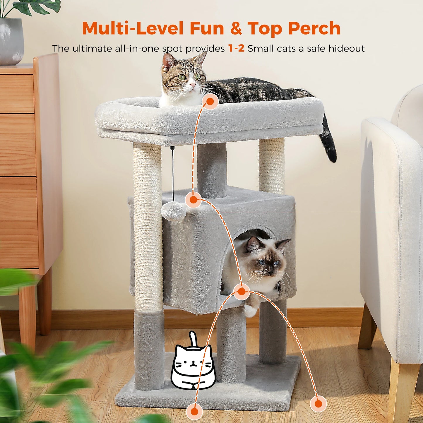 Small Cat Tree Tower with Natural Sisal Scratching Posts, Soft Top Perch, and Plush Pom-Pom Cozy Cat Condo Bed for Indoor Cat Toys