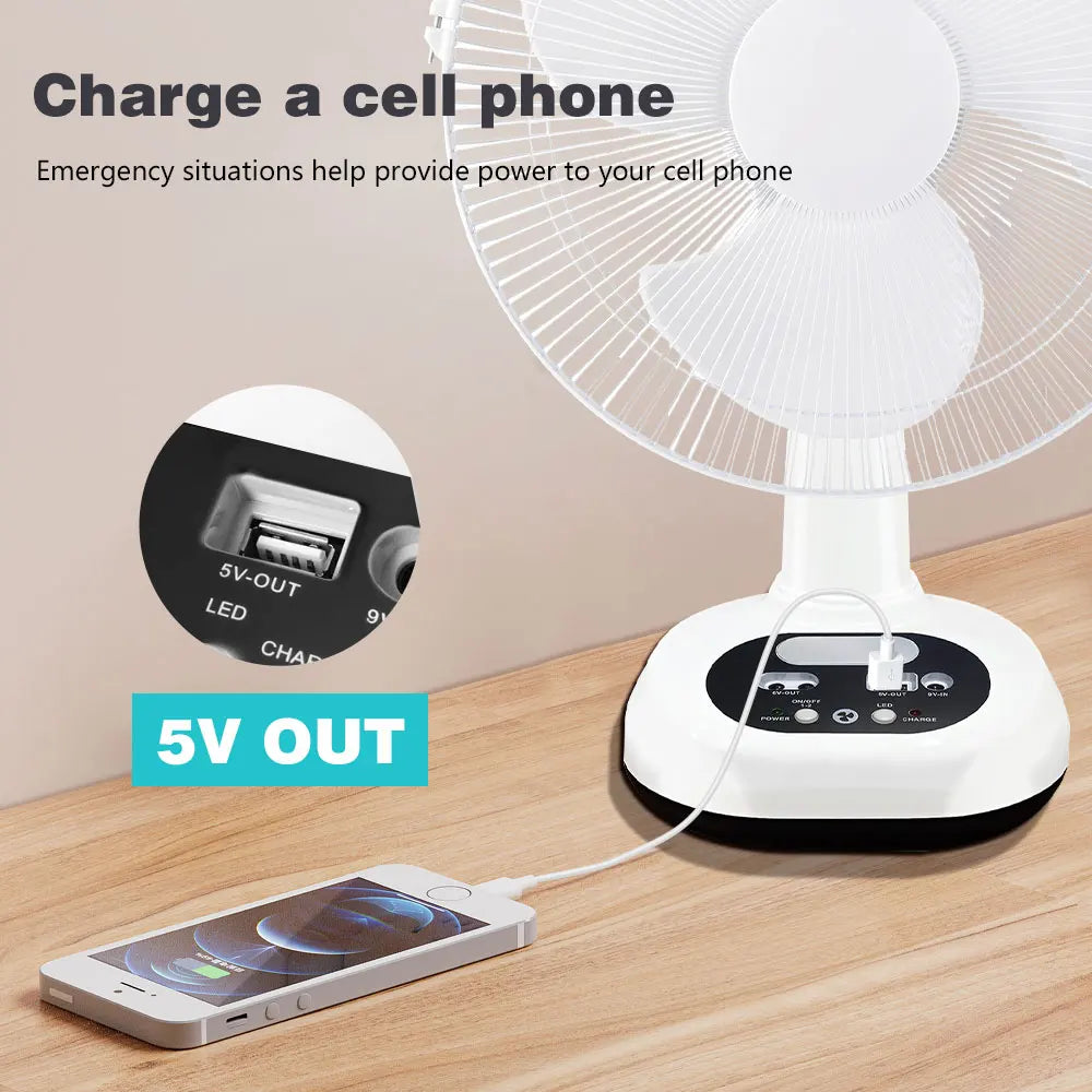 Rechargeable Fan With Solar Panel USB Charging Desk Fan, 90 Degree Oscillation 2-Speed Adjustable Portable Solar-Powered Fan With LED Night Light Phone Charging Output for Outdoor Camping Home Use
