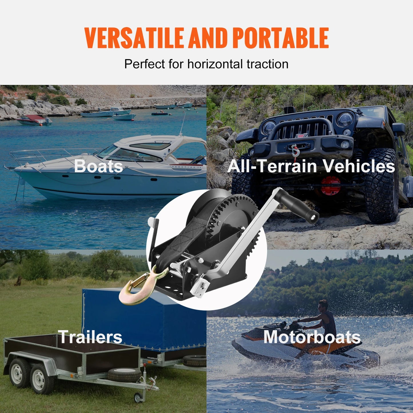 Hand Winch Boat Trailer Winch Heavy Duty Rope Crank Polyester Strap & Two-Way Ratchet Manual Operated Hand Crank Winch